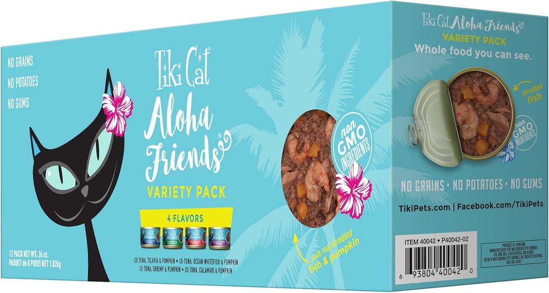 Tiki Cat Aloha Friends Variety Pack, Seafood Flavors with Pumpkin, Wet, High-Protein & High-Moisture Cat Food, For All Life Stages, 3 oz. Cans (Pack of 12) (EXP 08/01/28)