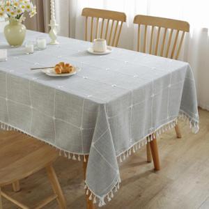 JIALE Heavy Duty Table Cloth Cotton Linen Waterproof Tablecloths Farmhouse Tablecloth, Soft and Wrinkle Free Table Cover with Tassels, Square, 55''x55'', Grey Gingham