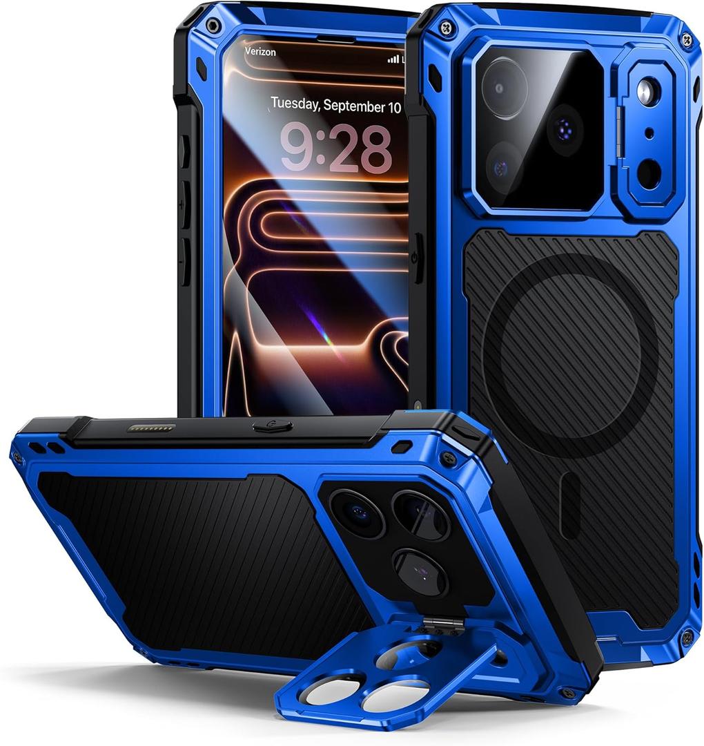 Lanhiem for iPhone 17 Pro Max Metal Case with Kickstand, Compatible with MagSafe, Built in Tempered Glass Screen Protector, Heavy Duty Shockproof Rugged Phone Cases, Full Body Tough Cover 6.9" (Blue)