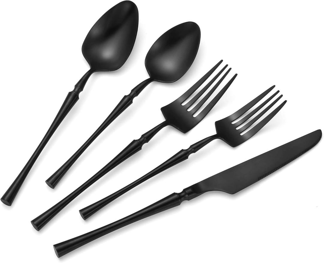 Lemeya 20 Piece Matte Black Silverware Set, 18/ 10 Stainless Steel Flatware Set Service for 4, Unique Cutlery Set with Canton Tower Handle, Forks Spoons and Knives Set, Dishwasher Safe