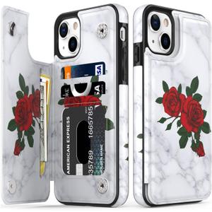 LETO for iPhone 13 Mini Case,Flip Folio Leather Wallet Cover with Fashion Flower Designs for Girls Women,Built-in Card Slots Kickstand Protective Shell Roses and Marble