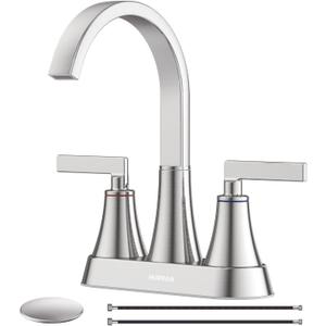 Bathroom Sink Faucet, Hurran 4 inch Brushed Nickel Bathroom Faucets for Sink 3 Hole with Pop-up Drain and Supply Lines, Stainless Steel 360 Swivel Waterfall Faucet for Vanity RV Restroom