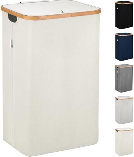 LONBET Laundry Basket with Lid, Made from Breathable Fabric | Aesthetic Clothes Hampers for Laundry with Side Handles & Sturdy Bamboo Frame (26 lb- Single, Beige)