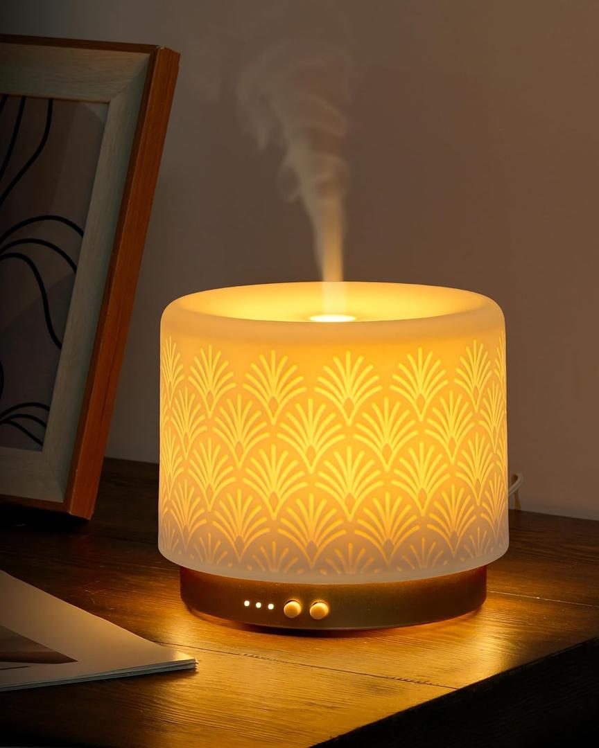 280ml Essential Oil Diffuser  Ceramic Fragrance Diffusers for Essential Oil, Ultrasonic Cool Mist Aromatherapy Diffuser with Auto Shut-Off,Ideal for Home, Office, SPA, Yoga & Bedroom (Coral-gold)
