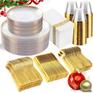Rubtlamp 350 Pcs Clear Gold Plastic Plates, Hammered Disposable Dinnerware, Clear-Gold Plates Set Include 100 Plastic Platos, 150 Gold Disposable Silverware, 50 Cups And 50 Napkins for Christmas