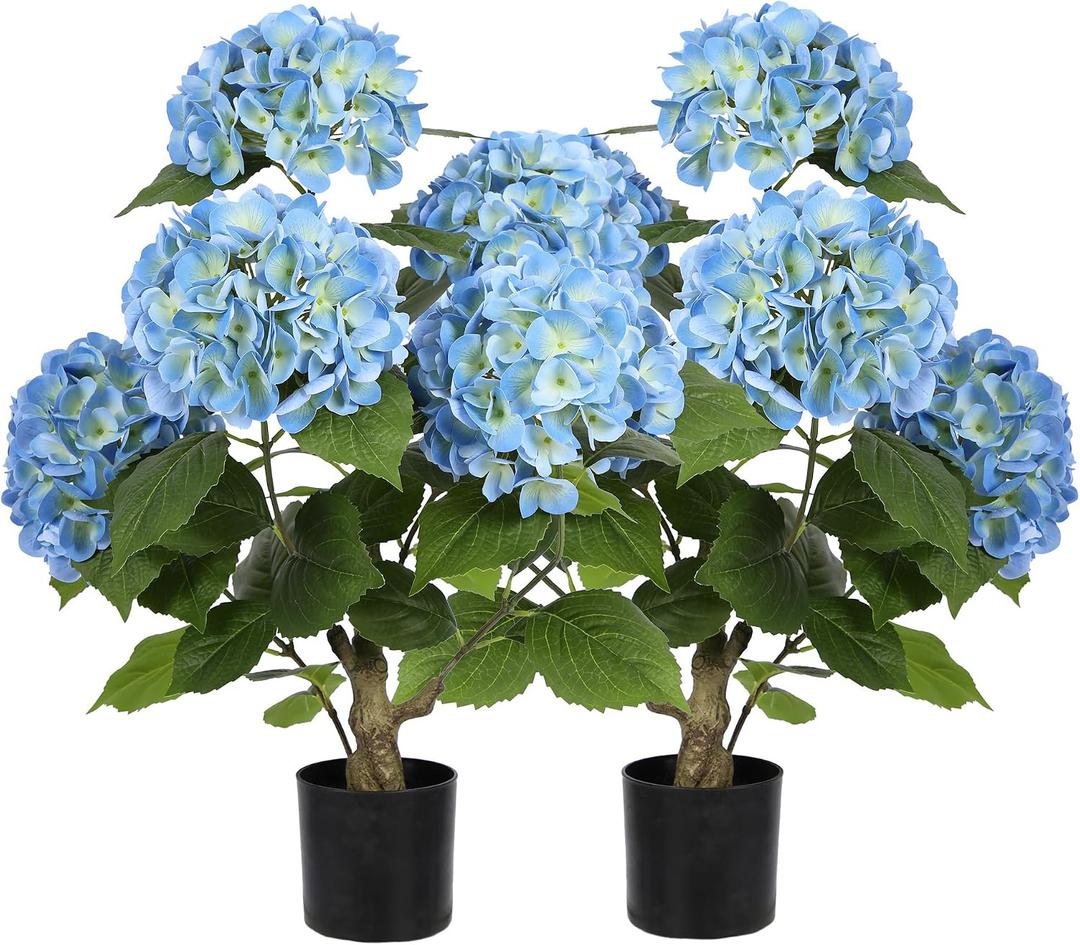 Nafresh 2FT Real Touch Faux Hydrangea Tree Outdoor, 2 Pack Blue Hydrangea Tree Artificial with Vibrant Blooms, Faux Hydrangea Potted Plant for Indoor Outdoor Home Front Porch Pation Decor