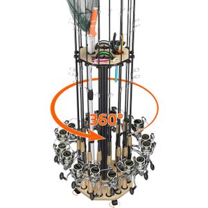 KEXMO Mobile Fishing Rod Holder Pole Rack for Garage, 360 Degree Lockable Wheels, Rigging Station, Heavy-Duty Steel Space-Saving Floor Stand, Holds 16 Combos, Fishing Gear Storage, Natural Wood Grain