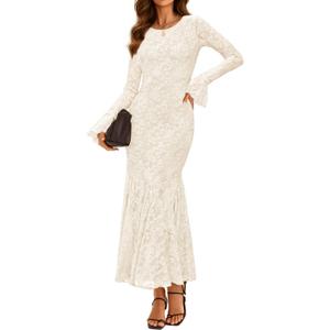 ZESICA Women's Long Sleeve Bodycon Maxi Dress 2026 Fall Fashion Floral Sexy Mermaid Wedding Guest Cocktail Party Dresses (Medium, Beige)