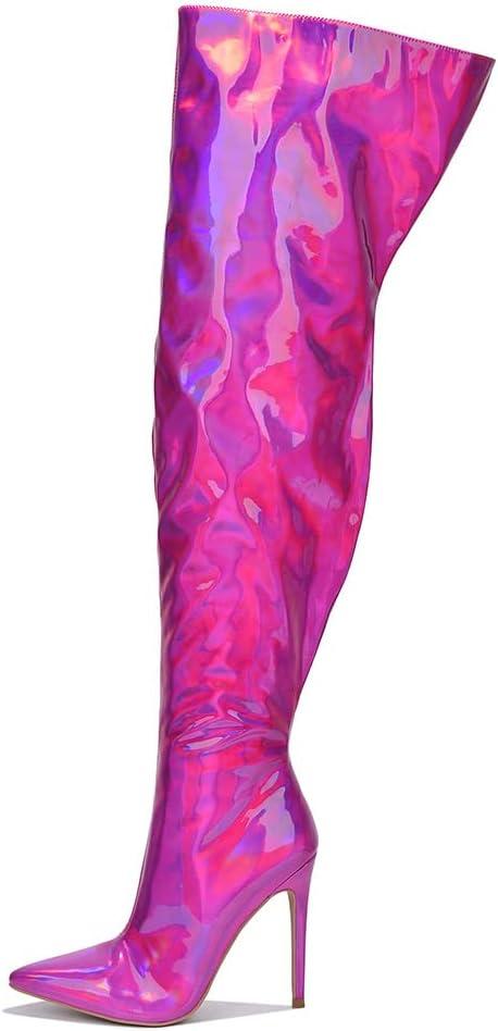Cape Robbin Women's Metallic Thigh High Over-The-Knee Boots - Zippered Pointed Toe & Stiletto Heel (Bemilia) (7, Pink Holographic)