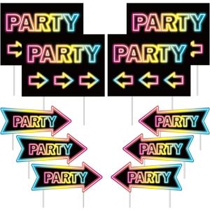 10Pcs Party Signs with Stakes Party This Way Signs for Outside Birthday Party Direction Sign This Way Arrow Neon Outdoor Decor for Wedding Birthday Outside Double Sided Lawn