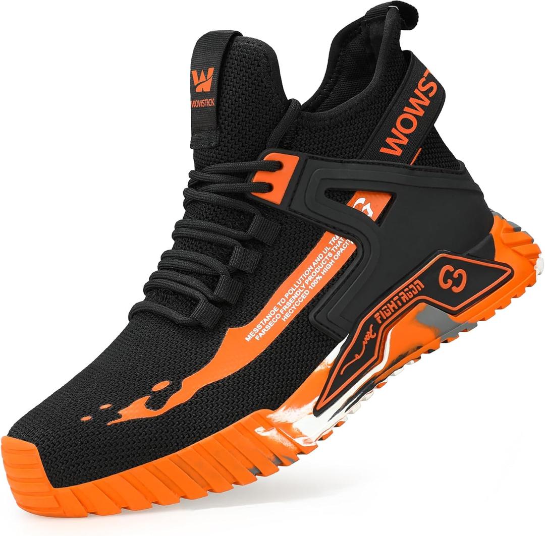 Lightweight Work Safety Steel Toe Sneakers, Durable Breathable Light Construction Tennis Shoes (7.5 Women/6 Men, Orange)