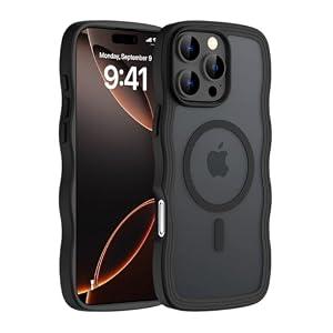 Hualele for iPhone 16 Pro Max Case Cute for Women, Compatible with MagSafe, Military Grade Dropproof Translucent Matte Back Curly Wave Edge Slim Girly Phone Case 16 Pro Max Case, Black