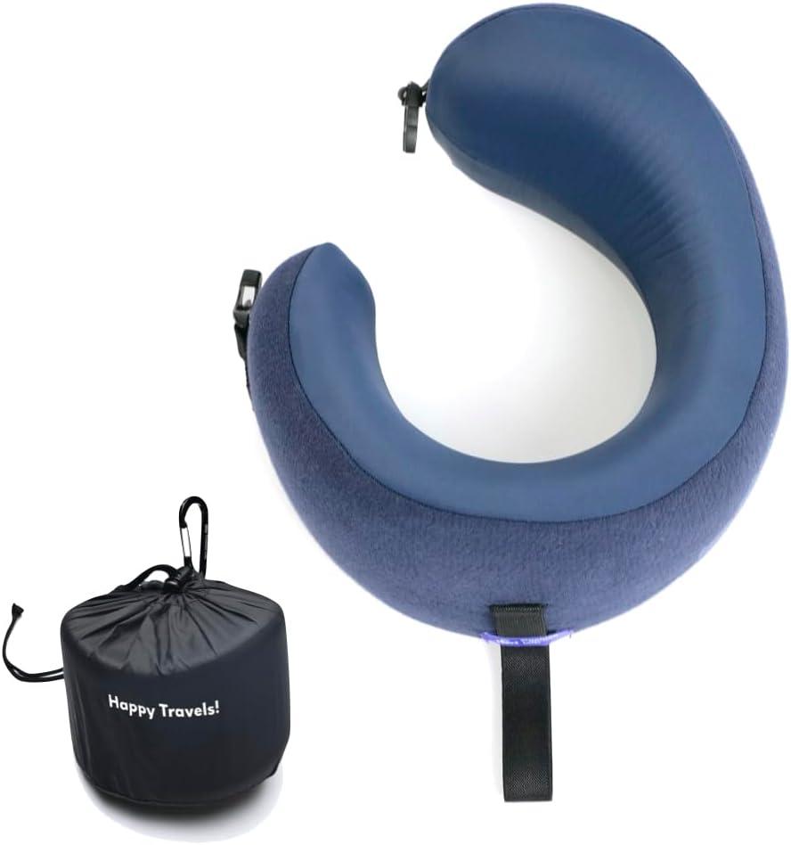 C CUSHION LAB Travel Pillow, Award-Winning Patented Ergonomic Design for Chin & Neck Support Memory Foam Neck Pillow, Compact Airplane Pillow for Traveling, Flight, Car (Navy, Medium) (Medium, Atlantic Blue)