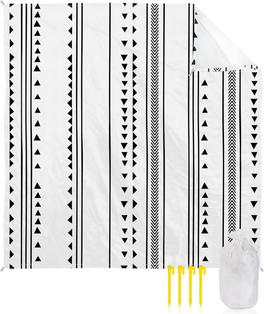 ALAGEO Beach Blanket Boho Black White Sandproof Waterproof Beach Mat Geometric Stripes Sand Free Mat Quick Drying Beach Essentials for Vacation Lightweight with 4 Stakes & Corner Pockets 83"x79"