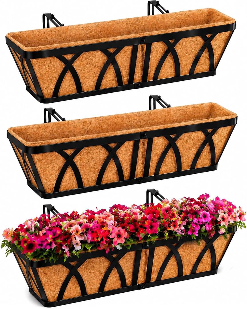 HKZ Deck Balcony Railing Planter Window Boxes - 3 Pack 24 Inch Planter Box, Balcony Planters Railing Hanging, Window Boxes Outdoor Fence Planters