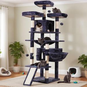 Hey-brother Cat Tree, 71 inches XL Large Cat Tower for Indoor Cats, Multi-Level Cat House with 3 Padded Perches, Big Scratcher, Cozy Basket, 2 Cat Condos and Scratching Posts, Smoky Gray