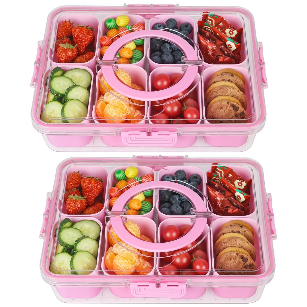 shopwithgreen Snackle Box Charcuterie Container, Divided Serving Tray with Lid and Handle for Party, Veggies, Fruits, Nuts, Food Tray Platter Snack Box Container for Entertaining, Picnic, Pink, 2pcs
