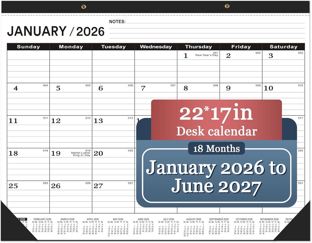 Desk Calendar 2026 (January 2026 - June 2027) 2026 Desk Calendar Large 22" x17", 2026 Calendar, Classic Black, Large Calendar 2026-2027 with Plastic Cover