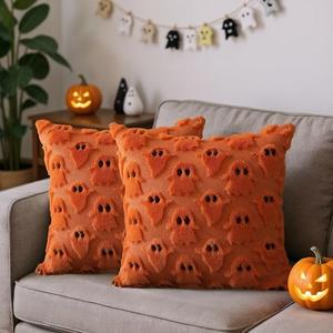 Fall Halloween Ghost Throw Pillow Covers 18x18 Set of 2 - Cute Ghost Horror Decor Pillow Cases - Faux Fur Decorative Pillows for Home Couch - Spooky Hallowen Party Decorations Indoor - Orange
