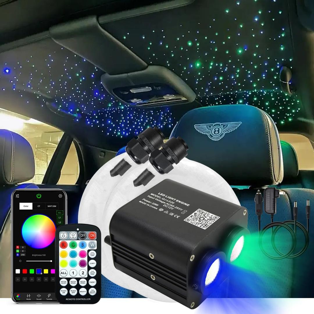 AKEPO 20W RGBW Different Color Dual-Head Twinkle APP Fiber Optic Lights, Sound Activated 900pcs 0.03in 9.8ft/ 3m Fiber Optic Strands Star Ceiling Light Kit for Home/ Car Headliner Star