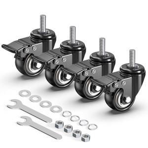 HOLKIE Stem Caster Wheels 2 inch Total Locking Casters Set of 4, Threaded Stem 3/8" -16 x 1 (Diameter 3/8", Length 1") Swivel Heavy Duty Castors Black