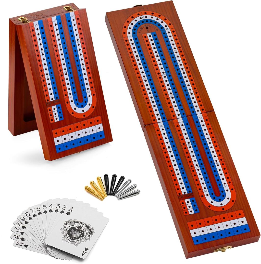 Foldable Cribbage Board Game Set, Portable Travel Cribbage Board with Storage Area, 9 Metal Pegs, 1 Playing Card and Instruction. Classic Cribbage Game for Family (Vintage Color).