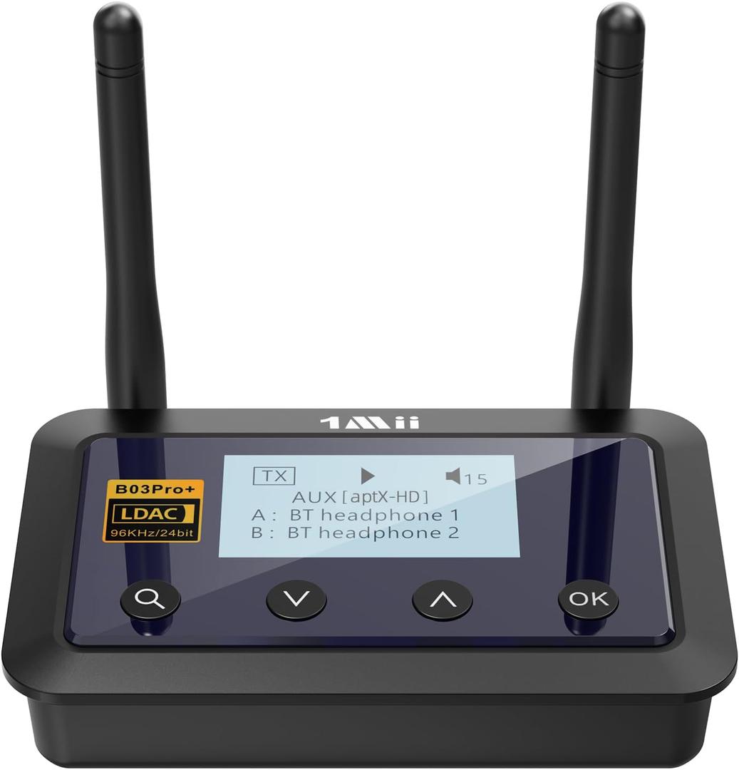 1Mii B03Pro+ Bluetooth 5.3 Transmitter Receiver Certified LDAC for TV Home Stereo, Long Range Bluetooth Extender Wireless Audio Adapter with Screen, Optical RCA AUX 3.5mm Outputs/ Inputs