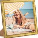Wood 7x7 Frame Gold, Ornate Natural Wooden 7x7in Picture Frames, Modern Golden 7 x 7inch Gallery Photo Pic Frame with HD Plexiglass, Horizontal Vertical Wall Mounting Tabletop Display 1Pcs
