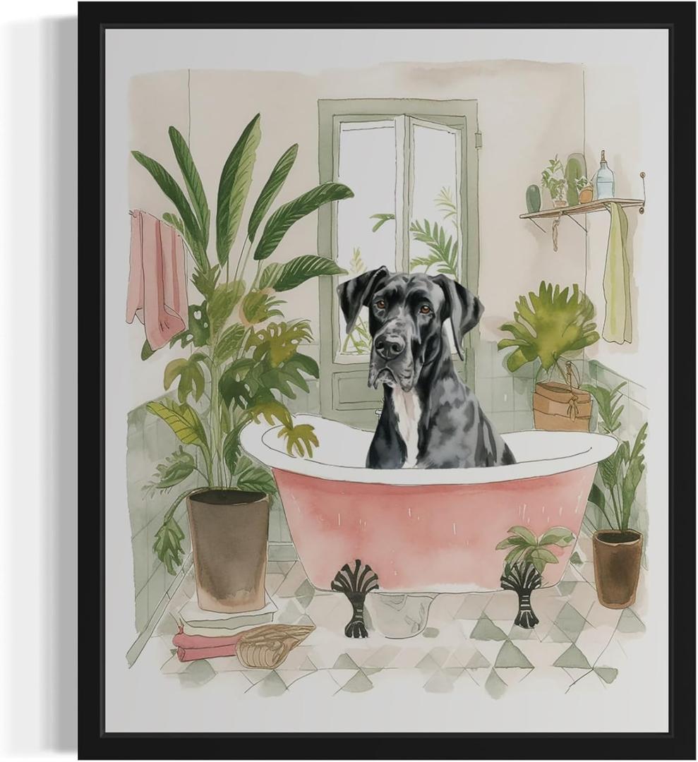 Great Dane in Bathtub Wall Art Poster Print, Animal Bathtub Restroom Wall Art Painting for Bathroom Decor Gallery Gallery 30 (Great Dane in Bathtub, 14" L x 11" W, Black Frame)