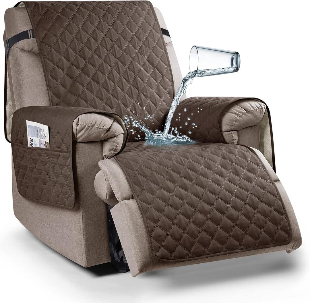 Ruaozz 100% Waterproof Recliner Chair Cover Non-Slip Reclining Cover for Recliner Chair Washable Chair Seat Cover with Elastic Straps for Kids, Dogs, Pets (Brown, 23'')