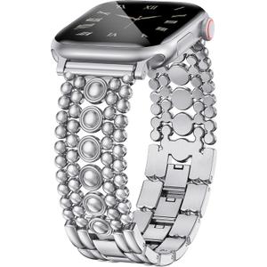 Minyee Compatible with Apple Watch Band 42/46/38/40/41/44/45/49mm Women, Dressy Pretty Stainless Steel Metal Strap Fancy Studded Designer Link Bracelet for iWatch Series 38/40/41/42mm(Series 11/10)