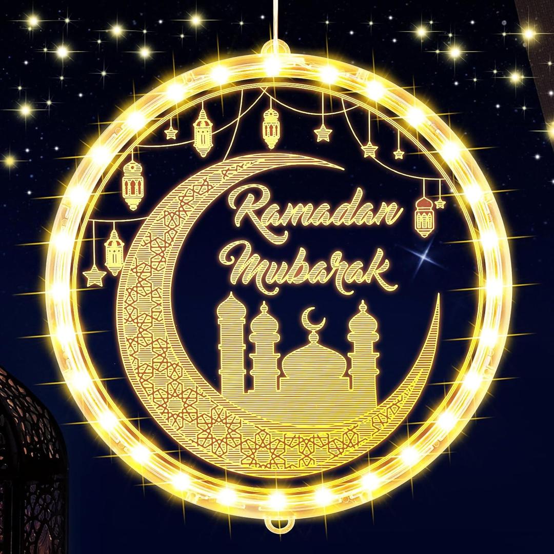 ROCEEI 3D 9.45" Ramadan Mubarak LED Window Lights Moon and Star Hanging Ornament with Suction Cup Ramadan Lights Decorations Indoor Outdoor Battery Operated for Bedroom Holiday Party