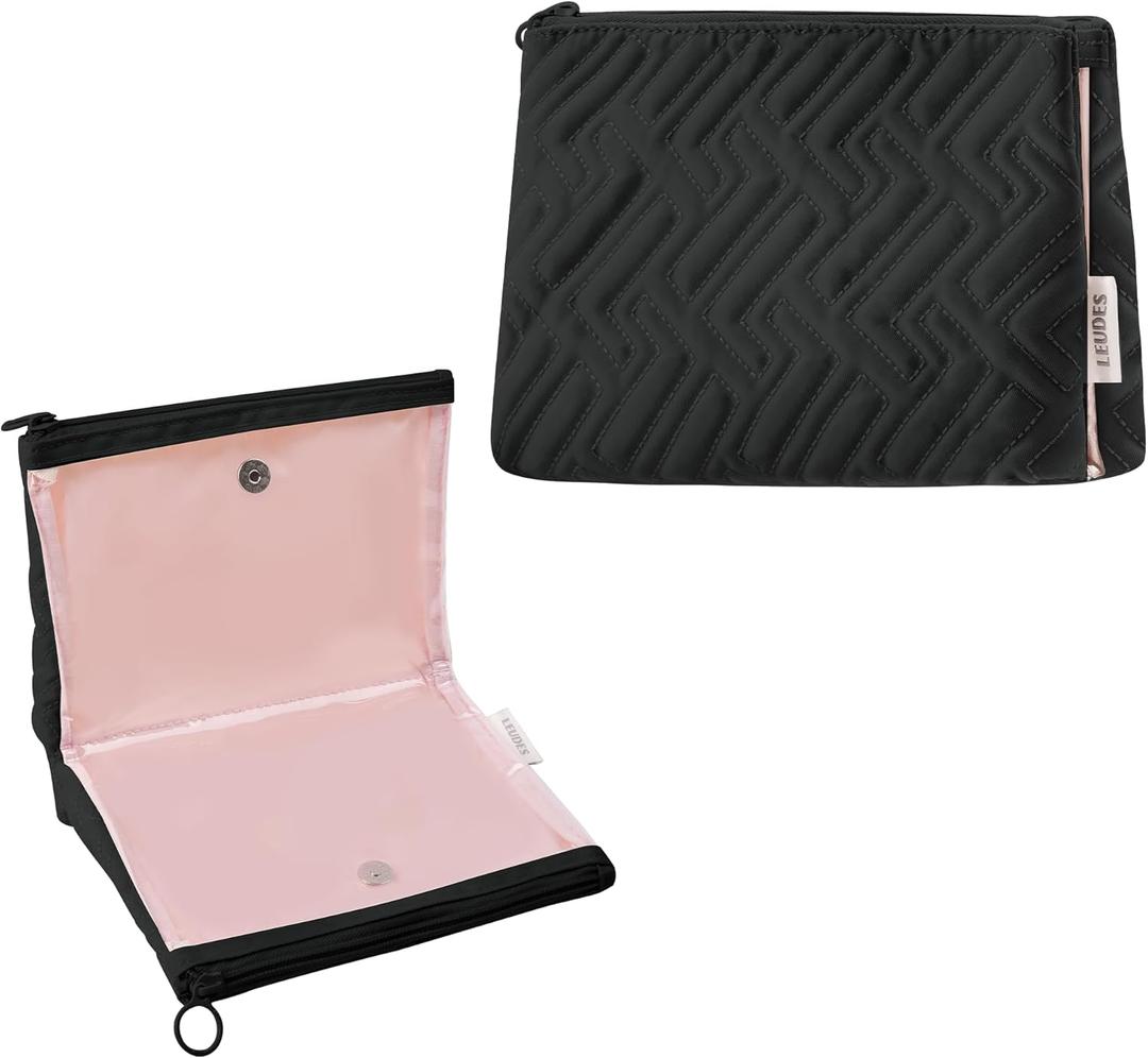 Leudes Makeup Bag Travel Essentials Cute Skincare Pouch Purse Cosmetic Bags for Women Traveling Make Up Organizer Portable Clear Case Toiletry Bag with Zipper (Black, Medium)