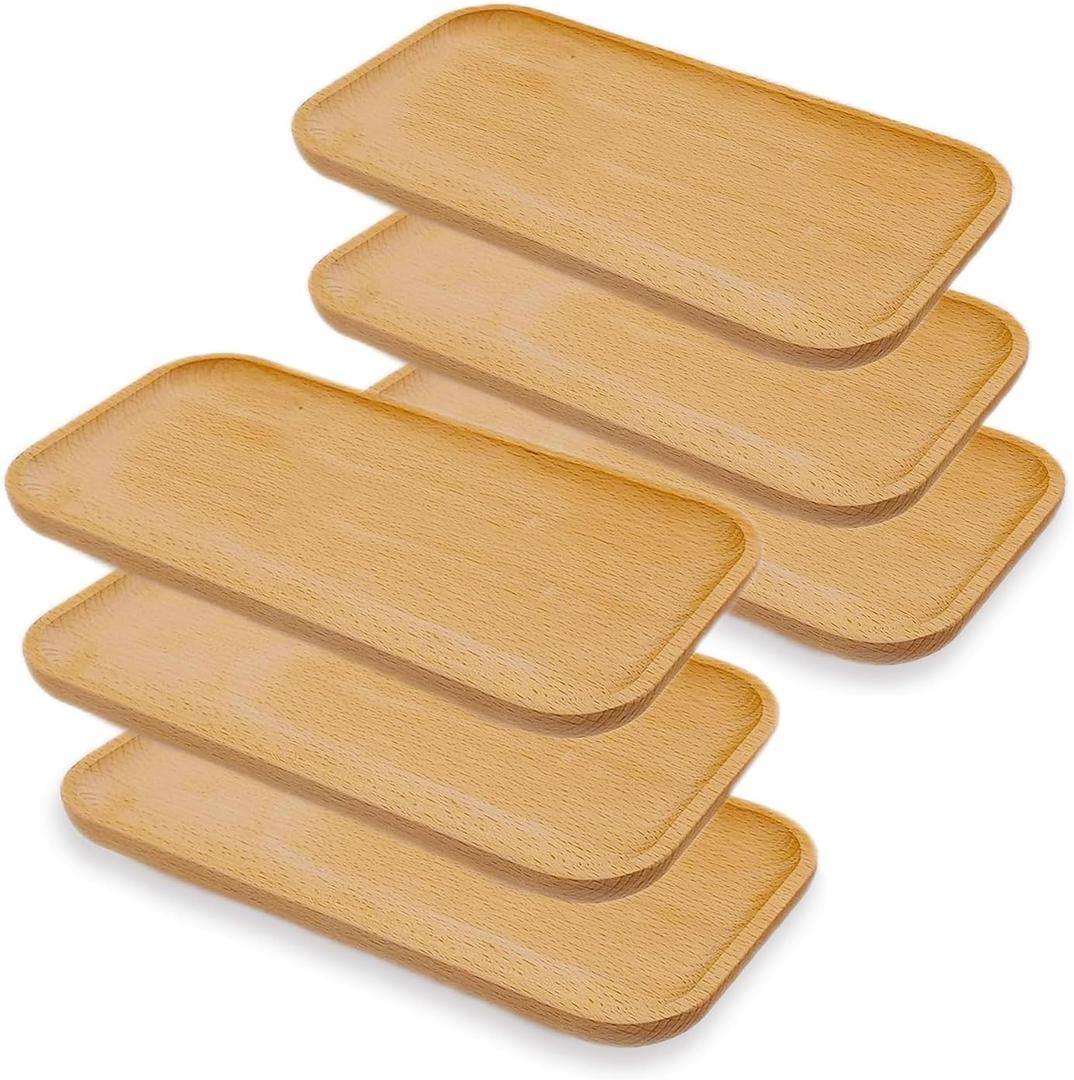 6 Pack Solid Wood Serving Platters and Trays of Natural Wood with Edge,Rectangular Avoid Sliding and Spilling Food (6pcs Wood*10x5 Inch)