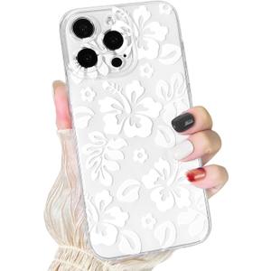 Lovmooful Compatible for iPhone 15 Pro Max Case Cute Clear Hibiscus Flower Floral Aesthetic Printed Design for Girls Women Soft TPU Shockproof Protective Girly for iPhone 15 Pro Max-White