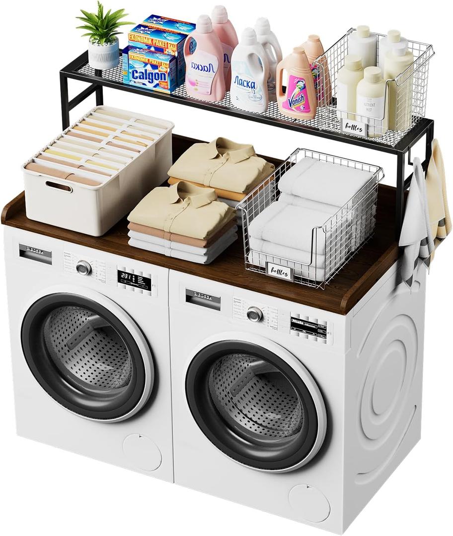 Washer Dryer Countertop with Shelf, Washer Dryer Topper, Solid Wood Washers and Dryers Countertop, 54" Width x 27.5" Depth Laundry Countertop for Laundry Room Organization and Storage, Walnut