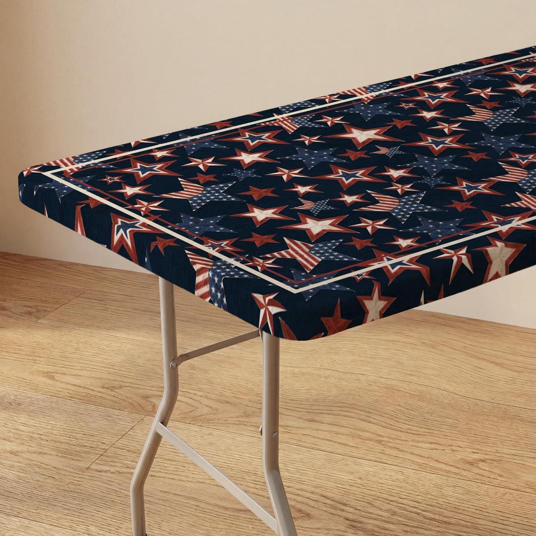 Horaldaily 4th of July Fitted Tablecloth 72 x 30 Inch Rectangular, Wooden Vintage Rustic Dark Blue Patriotic Washable Table Cover Elastic Edged for Dinning, Picnic, Camping, Banquet