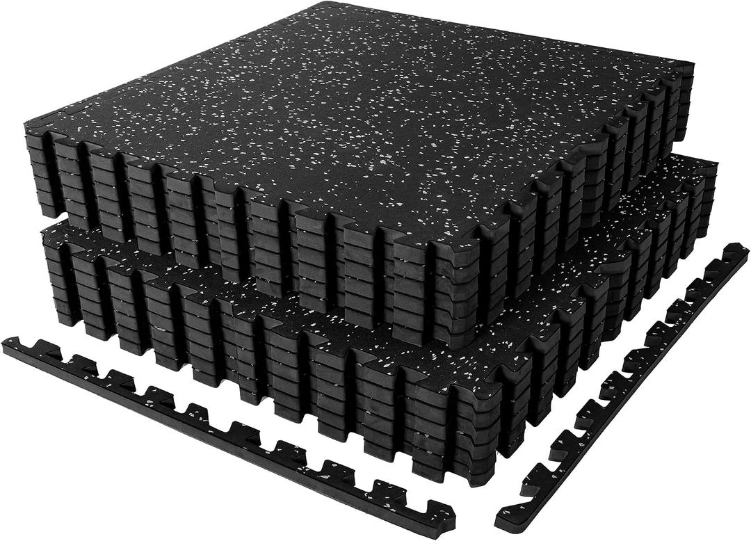 SUPERJARE 1" Extra-Thick Rubber Top Exercise Mat, Puzzle Gym Flooring for Home Gym, Gym Mat for Workout Equipment, Interlocking Floor Tiles with EVA Foam, 12 Pcs 48 Sq Ft, Black/Grey