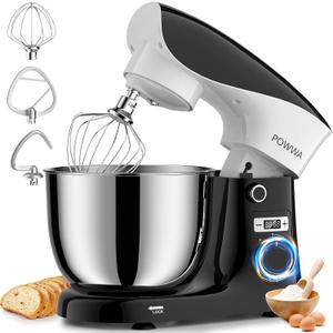 POWWA Stand Mixer, POWWA 6.5 QT 10 Speeds Tilt-Head Electric Stand Mixer, 3-In-1 Kitchen Mixer with Bowl, Dough Hook, Whisk and Beater, Food Mixer for Baking and Daily Use (Black White)