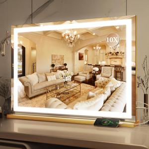ROLOVE Vanity Mirror with Lights, 32" x 22" Large Lighted Vanity Mirror with Dimmable 3 Modes, LED Makeup Mirror, 10X Magnification, USB Charging Port, Tabletop or Wall-Mounted Square Gold