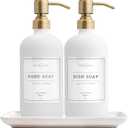 Vine Creations Glass Soap Dispenser, 2 Pack Kitchen Soap Dispenser Set with Ceramic Tray, Stainless Steel Pump, Dish Soap and Hand Soap Dispensers for Bathroom or Kitchen Decor with Waterproof Labels