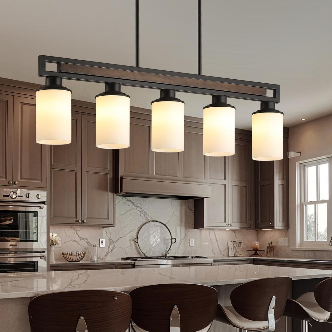 Farmhouse Dining Room Light Fixture, 5-Light Wood Kitchen Island Lighting for Dining Room Over Table, Black Adjustable Pendant Light with Milk Glass Shades, Linear Chandeliers Lighting for Kitchen