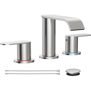 Homevacious Brushed Nickel Waterfall Bathroom Faucet for Sink 3 Hole Widespread Bathroom Sink Faucets with Pop-up Drain and Supply Lines Stainless Steel 2-Handle Bathroom Sink Faucet for Bath Vanity