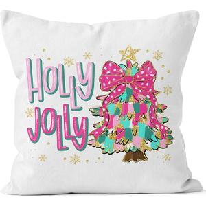 QGFM Pink Coquette Bow Christmas Tree Pillow Covers 18x18, Preppy Christmas Decor, Colorful Xmas Tree Snowflake Holiday Decorative Pillow Covers for Couch Sofa Bedroom Living Room Home Pack of 2