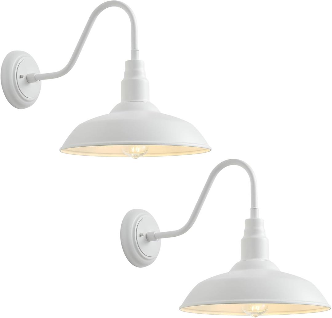 2 Pack 14in Barn Gooseneck Lights for House, White Outdoor Farmhouse Wall Light Fixture for Porch, Exterior Patio Wall Sconce for Front Door, Garage, 14" Dome