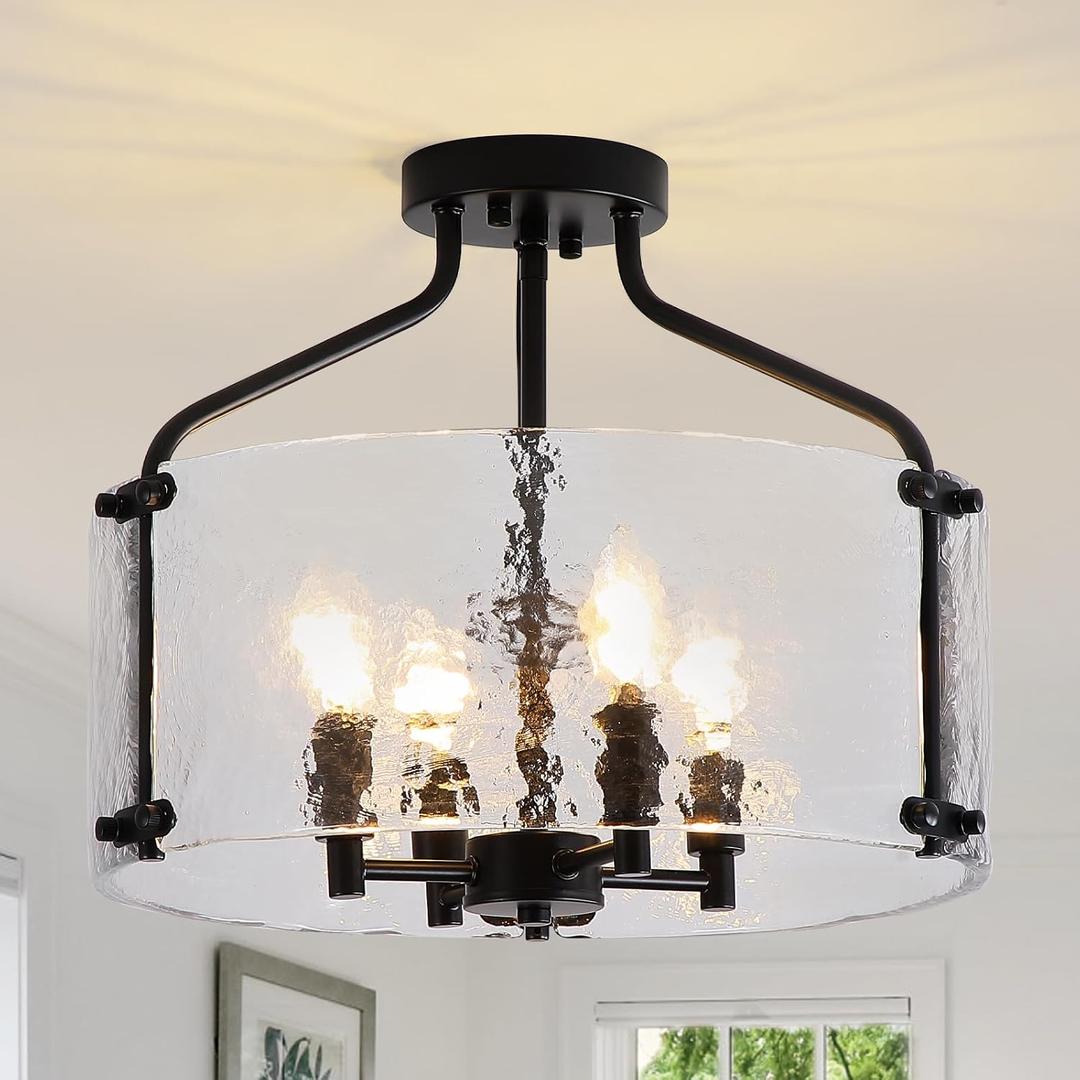 Glass Drum Black Semi Flush Mount Ceiling Light 16'' Modern Light Fixture
4-Light Kitchen Lighting Fixtures Ceiling Chandeliers for Dining Room Hallway Porch Bedroom Foyer Bathroom