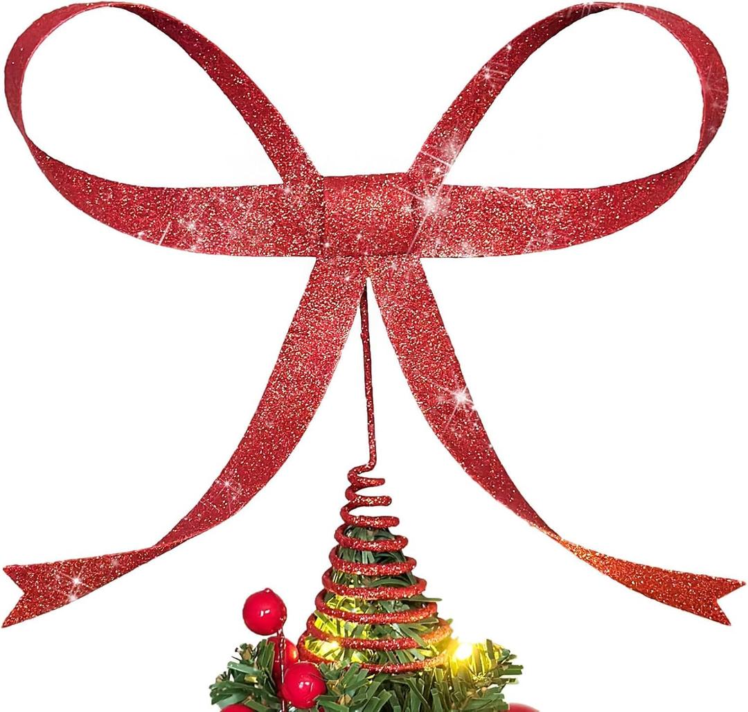 Large Metal Bow Christmas Tree Topper,9.4 Inch Glitter Red Tree Topper, Red Bow Christmas Tree Decorations for Xmas Home Decor Holiday Party Indoor Outdoor Shop Office