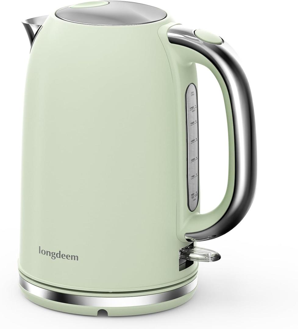 Electric Tea Kettle for Boiling Water, Wide Open Lid Stainless Steel Water Boiler, 1500W/1.7L for Coffee/Tea Brewing, Auto Shut Off & Boil Dry Protection, Cordless Swivel Base & LED Indicator, Green (1.8 Quarts)