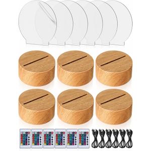 Baquler 6 Pcs Clear Acrylic Blank Sheets 6 Pcs 3D Night LED Light Lamp Base with Remote Control USB Cable 16 Color 4 Mode Wood Color DIY Lamp Base Set for Room Bar Decoration (Round)