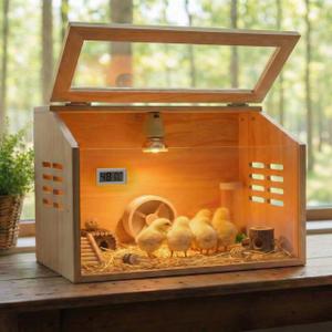 Brooder Box for Chicks Thick Wooden Chicken Brooder Box with Pre-Drilled Holes, Heating Lamp & Thermometer Included, Suitable for Chicks, Ducks, Quails, Hamsters & Small Animals 15.7 x 12 x 12 in